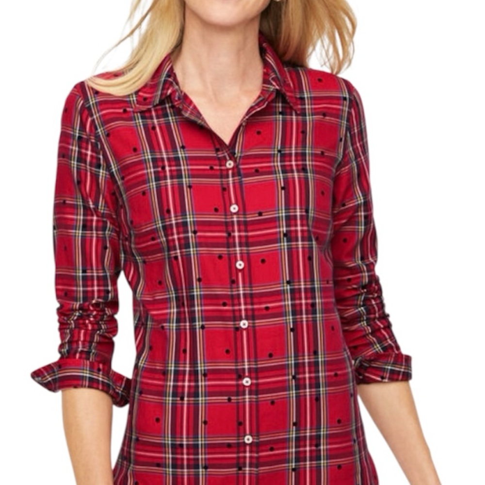 Talbots Polka Shirt Dot Plaid XS Button Front Mountain Red Black Cotton Blend